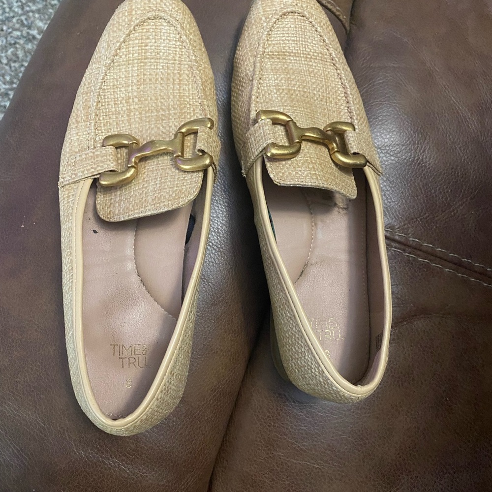 Time and Tru Tan Gold Loafers with Horsebit Detail